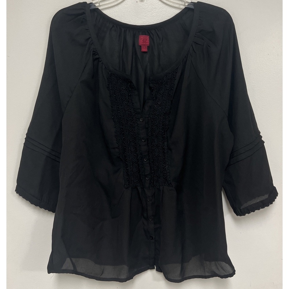212 Collection Semi Sheer Black Top Blouse Women Size Large 3/4 Sleeve Lace